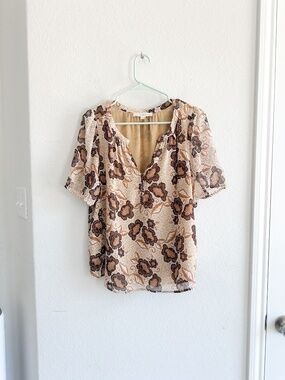 Loft Brown Retro Floral Sheer Chiffon Split Neck Blouse Size Large Petite LP